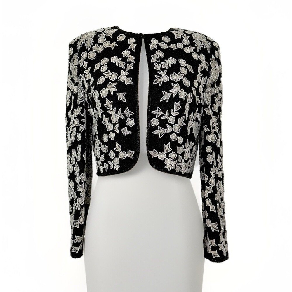 Niteline Della Roufogali Sz S VTG Silk Black White Beaded Bolero Evening Jacket